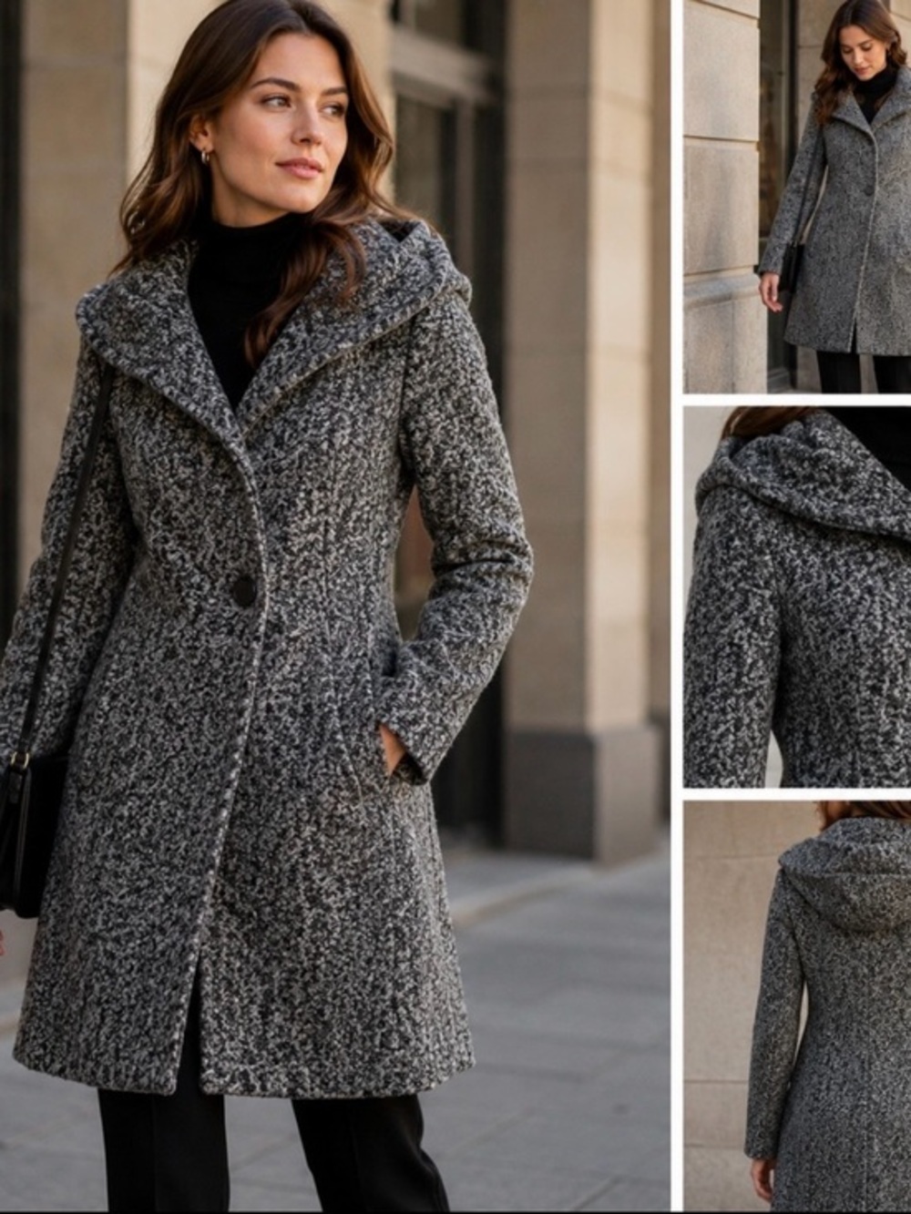 Calvin Klein Wool Blend Boucle Hooded Coat, Gray, 8